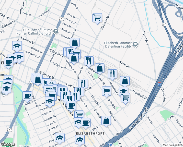 map of restaurants, bars, coffee shops, grocery stores, and more near 739 South Park Street in Elizabeth