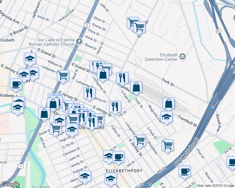 map of restaurants, bars, coffee shops, grocery stores, and more near 145 Division Street in Elizabeth