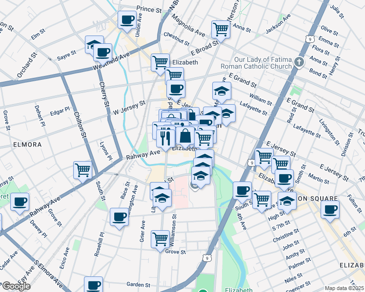 map of restaurants, bars, coffee shops, grocery stores, and more near 1164 Elizabeth Avenue in Elizabeth