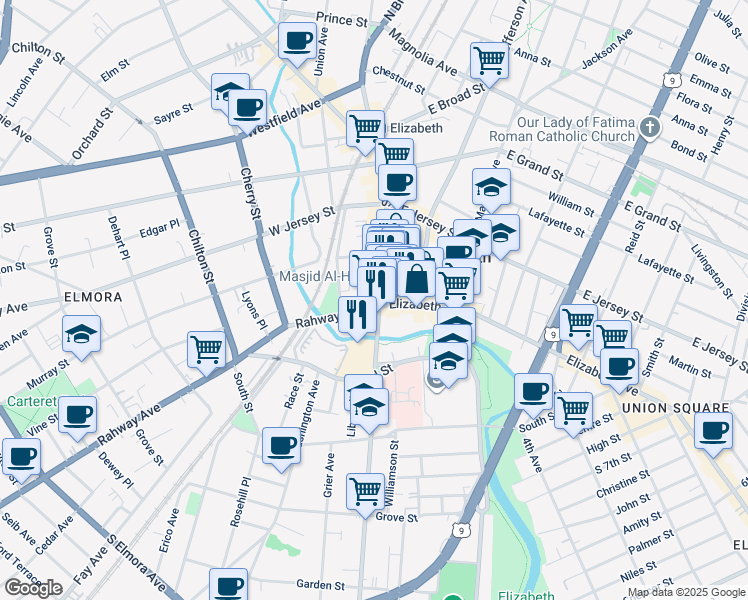map of restaurants, bars, coffee shops, grocery stores, and more near in Elizabeth