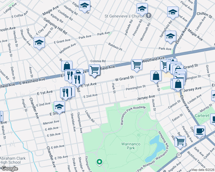 map of restaurants, bars, coffee shops, grocery stores, and more near 119 Hawthorne Street in Roselle