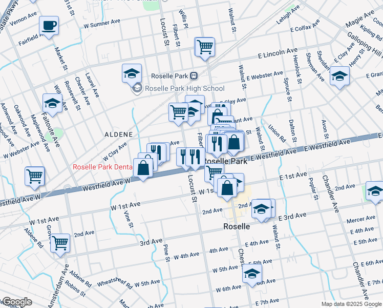 map of restaurants, bars, coffee shops, grocery stores, and more near 111 Locust Street in Roselle Park