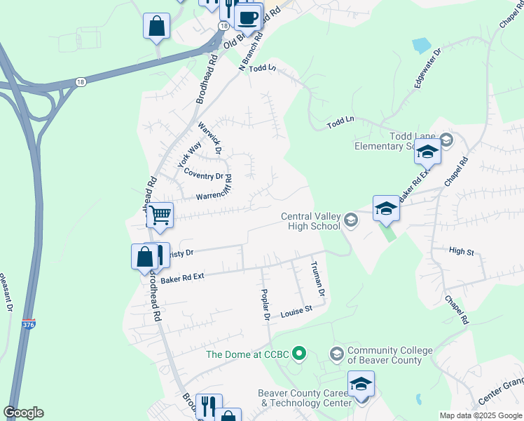 map of restaurants, bars, coffee shops, grocery stores, and more near 1390 Lincoln Drive in Monaca