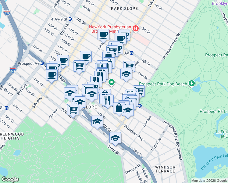 map of restaurants, bars, coffee shops, grocery stores, and more near 406 15th Street in Brooklyn