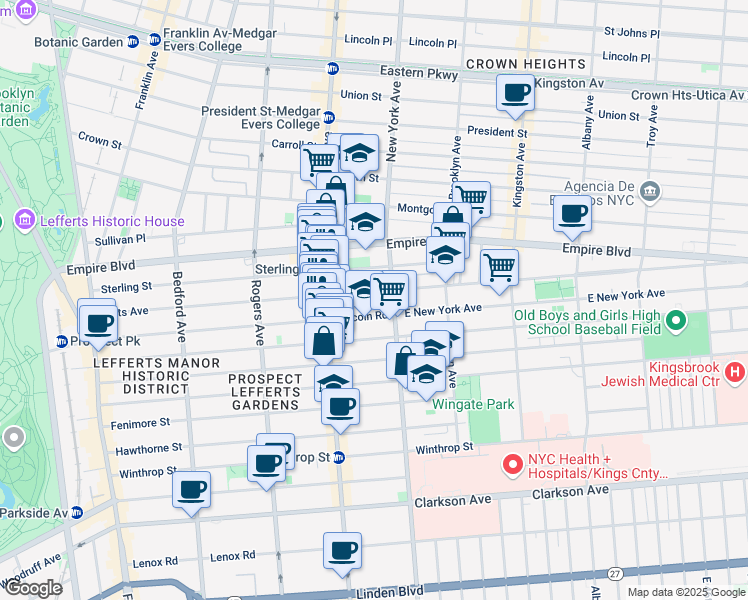map of restaurants, bars, coffee shops, grocery stores, and more near 382 Lefferts Avenue in Brooklyn