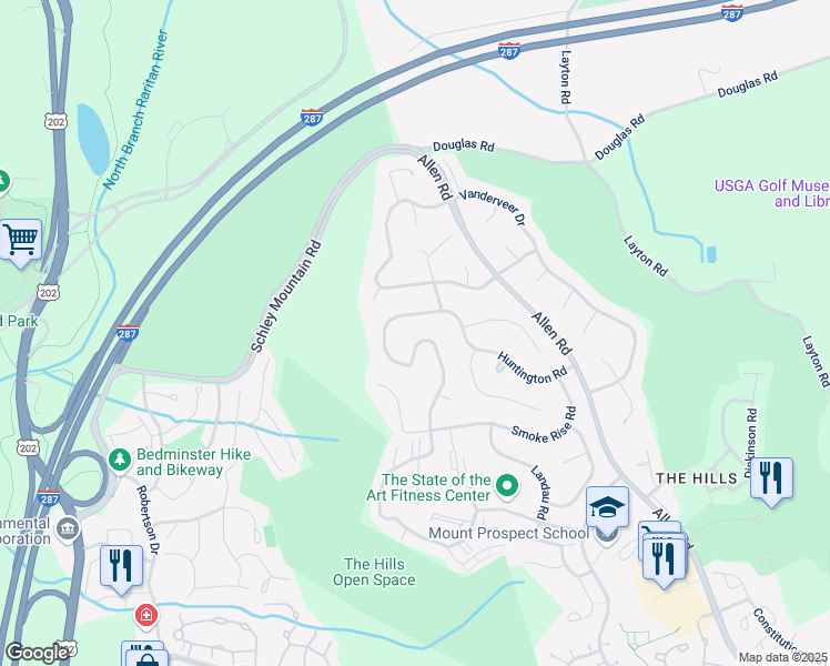 map of restaurants, bars, coffee shops, grocery stores, and more near 90 Autumn Ridge Road in Bedminster