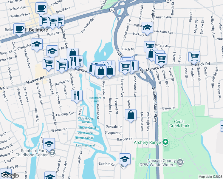 map of restaurants, bars, coffee shops, grocery stores, and more near 2371 Babylon Street in Wantagh