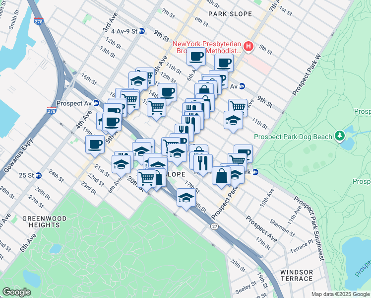 map of restaurants, bars, coffee shops, grocery stores, and more near 373 Prospect Avenue in Brooklyn