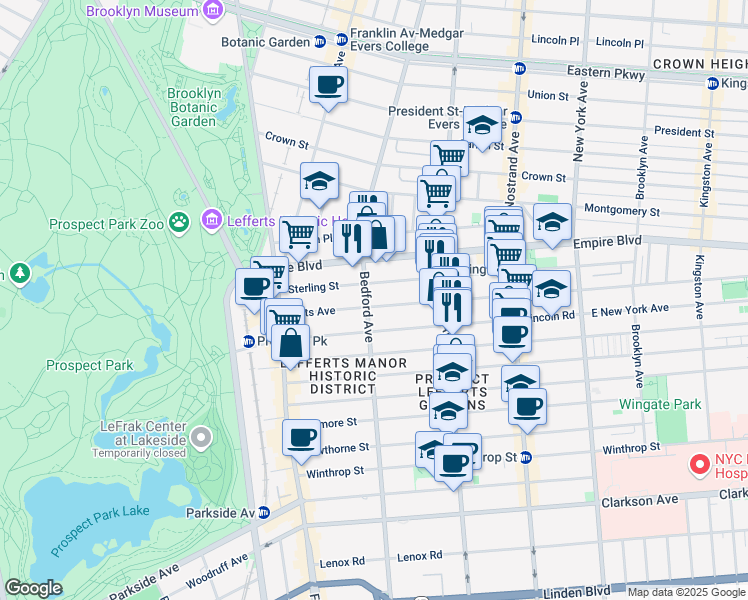 map of restaurants, bars, coffee shops, grocery stores, and more near 158 Lefferts Avenue in Brooklyn