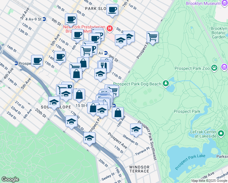 map of restaurants, bars, coffee shops, grocery stores, and more near 179 Prospect Park West in Brooklyn