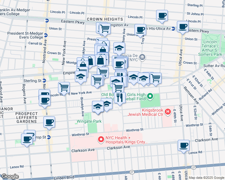 map of restaurants, bars, coffee shops, grocery stores, and more near 651 East New York Avenue in Brooklyn