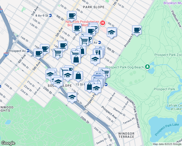 map of restaurants, bars, coffee shops, grocery stores, and more near 423 15th Street in Brooklyn