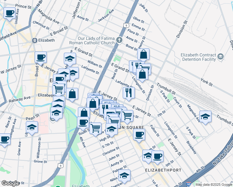 map of restaurants, bars, coffee shops, grocery stores, and more near 899 East Jersey Street in Elizabeth