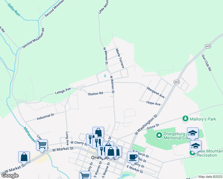 map of restaurants, bars, coffee shops, grocery stores, and more near 801 North Warren Street in Orwigsburg