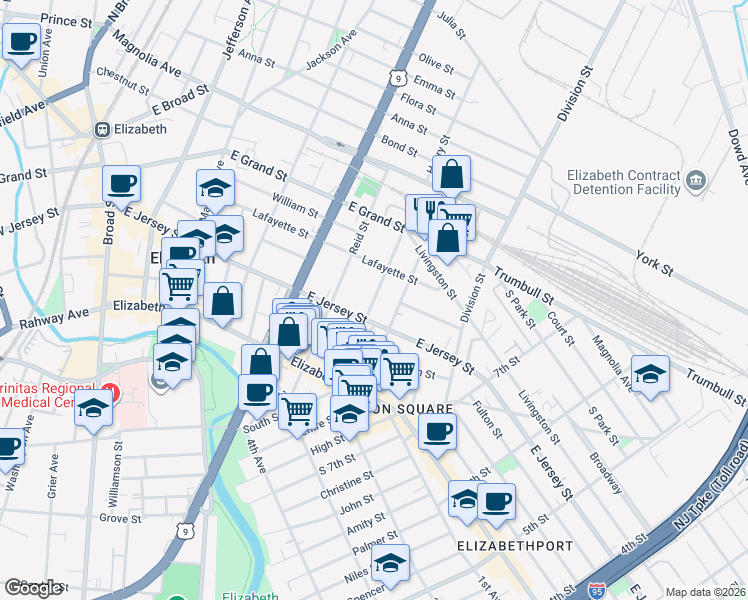 map of restaurants, bars, coffee shops, grocery stores, and more near 899 East Jersey Street in Elizabeth