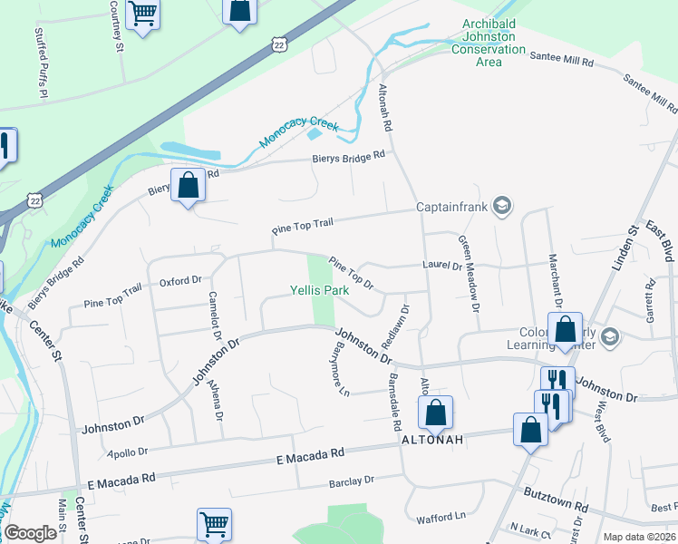 map of restaurants, bars, coffee shops, grocery stores, and more near 704 Pine Top Drive in Bethlehem