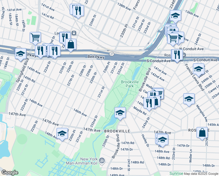 map of restaurants, bars, coffee shops, grocery stores, and more near 143-94 232nd Street in Queens