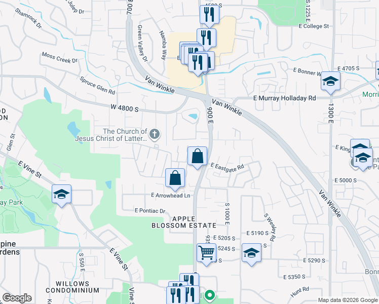 map of restaurants, bars, coffee shops, grocery stores, and more near 879 East 3 Fountains Drive in Murray