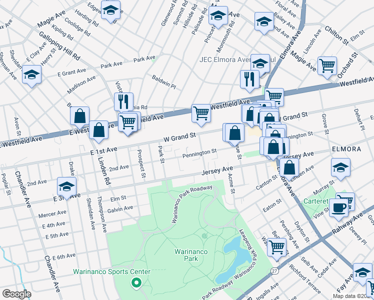 map of restaurants, bars, coffee shops, grocery stores, and more near 925 Pennington Street in Elizabeth
