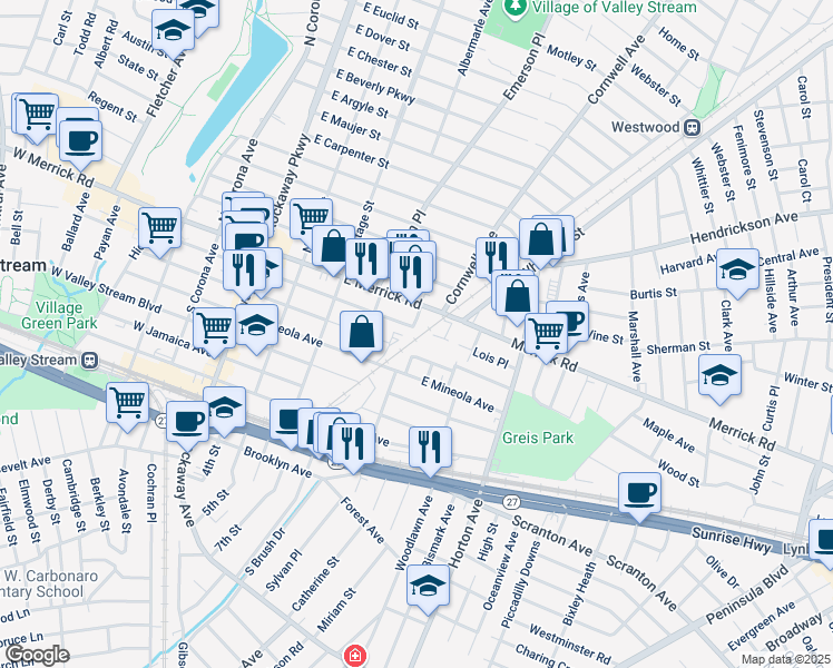 map of restaurants, bars, coffee shops, grocery stores, and more near 169 East Lincoln Avenue in Valley Stream