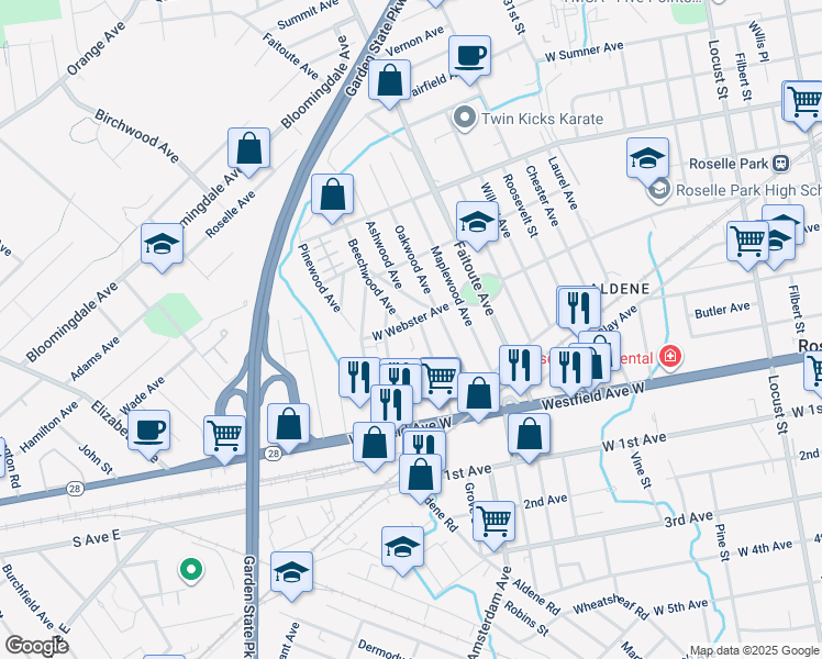 map of restaurants, bars, coffee shops, grocery stores, and more near 534 West Webster Avenue in Roselle Park
