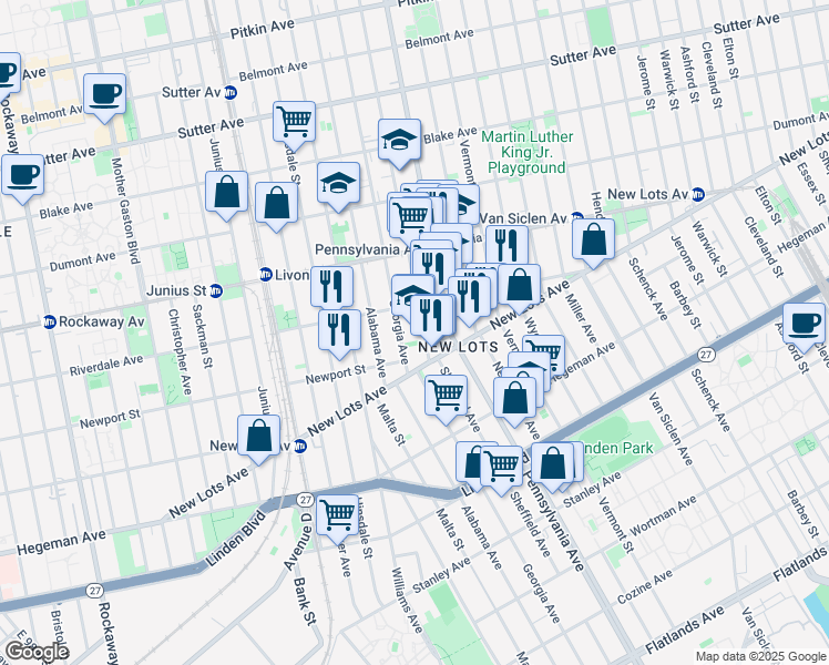 map of restaurants, bars, coffee shops, grocery stores, and more near 590 Sheffield Avenue in Brooklyn