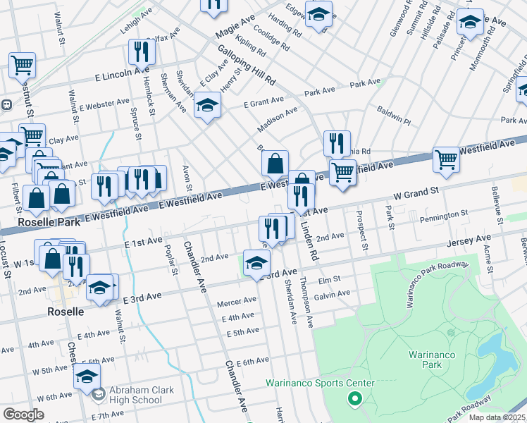 map of restaurants, bars, coffee shops, grocery stores, and more near 513 East 1st Avenue in Roselle