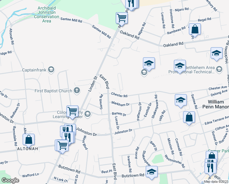 map of restaurants, bars, coffee shops, grocery stores, and more near 1711 Chester Road in Bethlehem