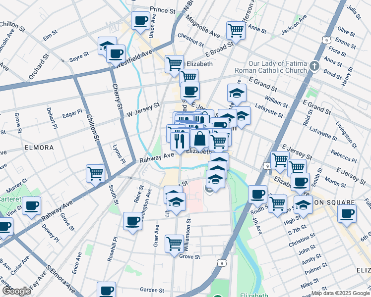 map of restaurants, bars, coffee shops, grocery stores, and more near 1164 Elizabeth Avenue in Elizabeth