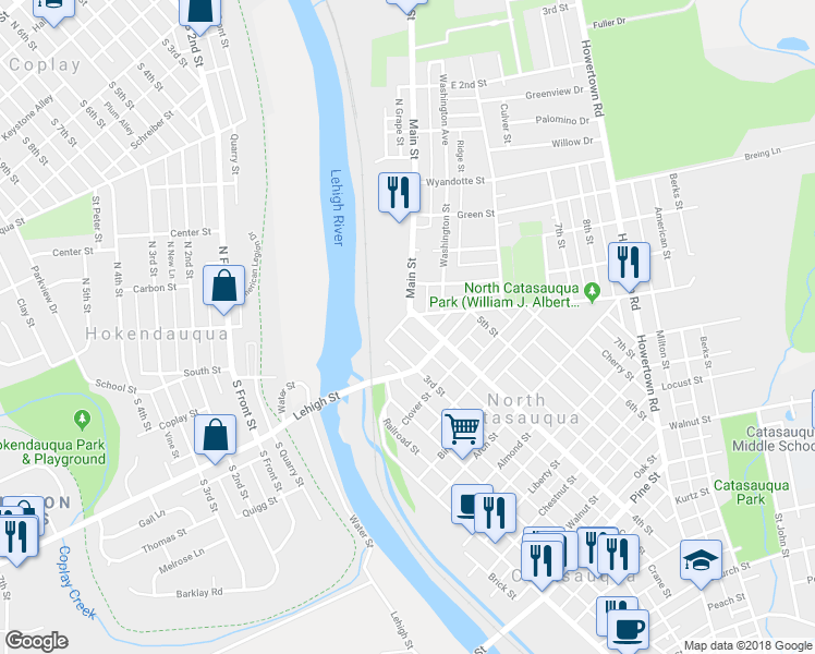 map of restaurants, bars, coffee shops, grocery stores, and more near 351 Grove Street in Catasauqua