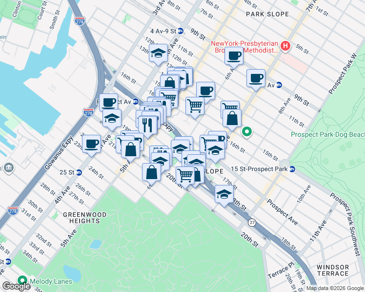 map of restaurants, bars, coffee shops, grocery stores, and more near 6th Avenue & 17th Street in Brooklyn