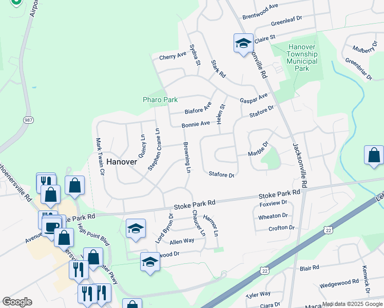 map of restaurants, bars, coffee shops, grocery stores, and more near 3610 Browning Lane in Bethlehem