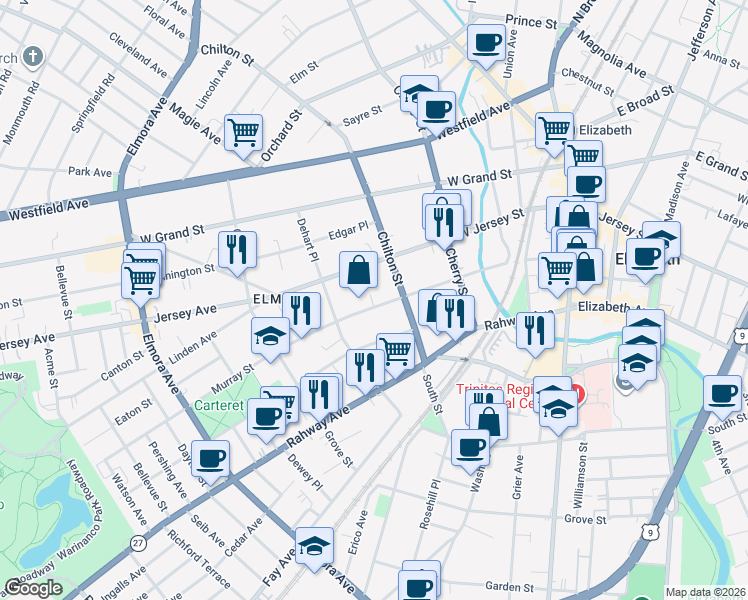 map of restaurants, bars, coffee shops, grocery stores, and more near 218 Murray Street in Elizabeth