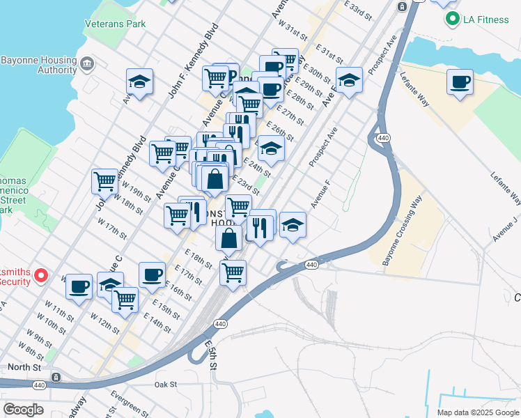 map of restaurants, bars, coffee shops, grocery stores, and more near 250 Avenue E in Bayonne