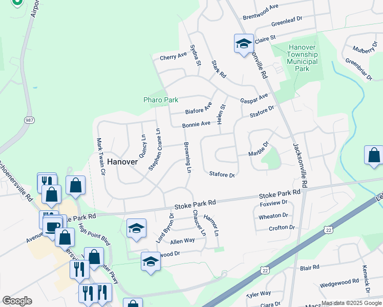 map of restaurants, bars, coffee shops, grocery stores, and more near 3610 Browning Lane in Bethlehem