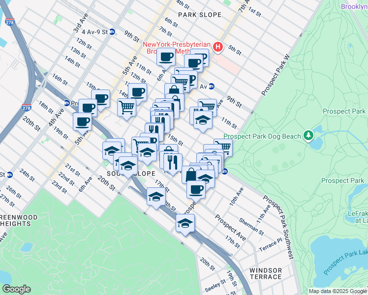map of restaurants, bars, coffee shops, grocery stores, and more near 395 16th Street in Brooklyn