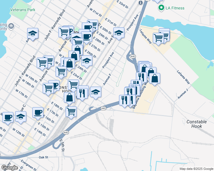 map of restaurants, bars, coffee shops, grocery stores, and more near 102 East 24th Street in Bayonne