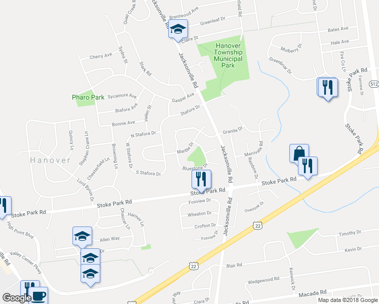 map of restaurants, bars, coffee shops, grocery stores, and more near 1177 Marble Drive in Bethlehem