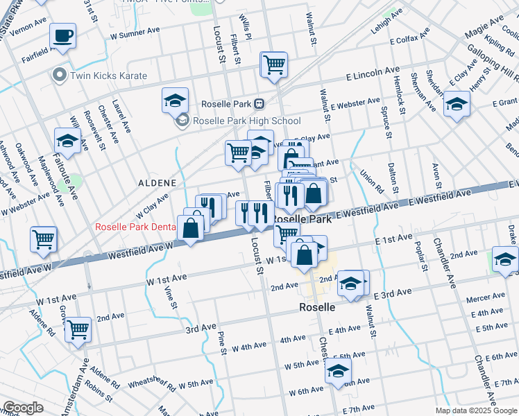 map of restaurants, bars, coffee shops, grocery stores, and more near 111 Locust Street in Roselle Park
