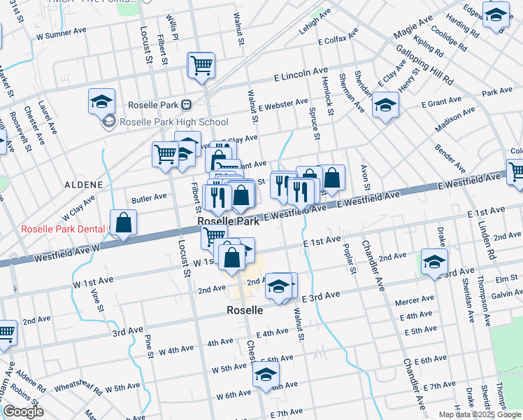 map of restaurants, bars, coffee shops, grocery stores, and more near 55 Westfield Avenue West in Roselle Park