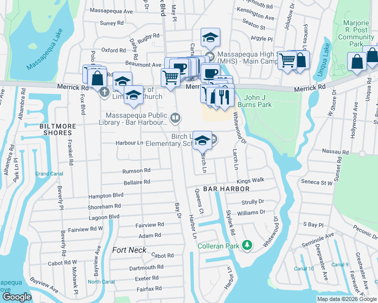 map of restaurants, bars, coffee shops, grocery stores, and more near 70 Laurel Drive in Massapequa Park
