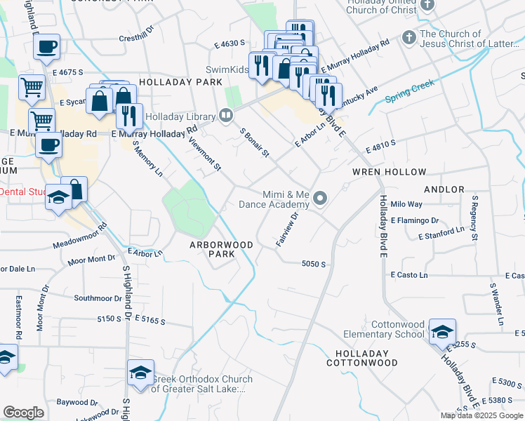 map of restaurants, bars, coffee shops, grocery stores, and more near 4930 Marilyn Drive in Holladay