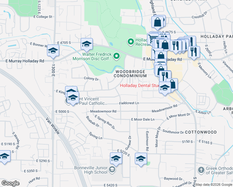 map of restaurants, bars, coffee shops, grocery stores, and more near 1617 East 4945 South in Holladay