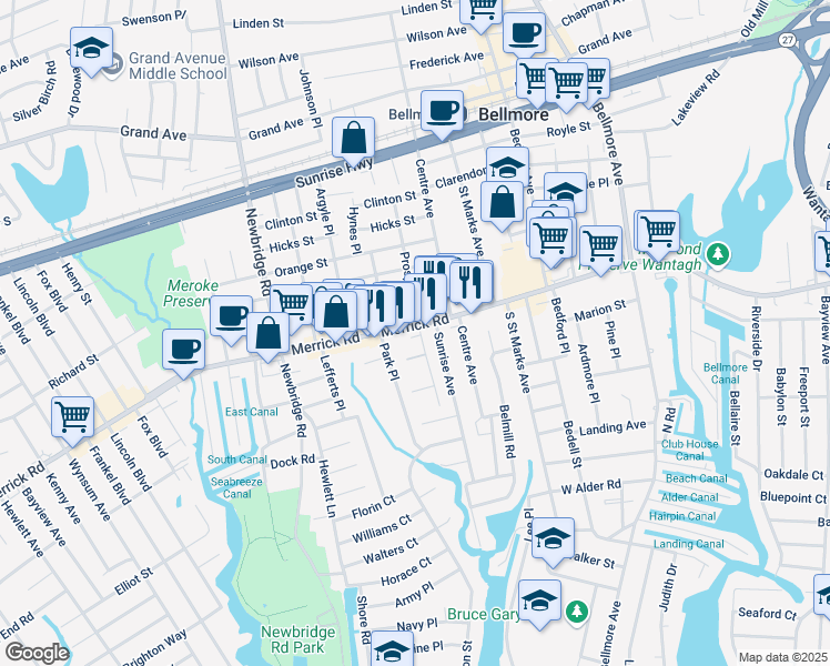 map of restaurants, bars, coffee shops, grocery stores, and more near 2548 Merrick Road in Bellmore