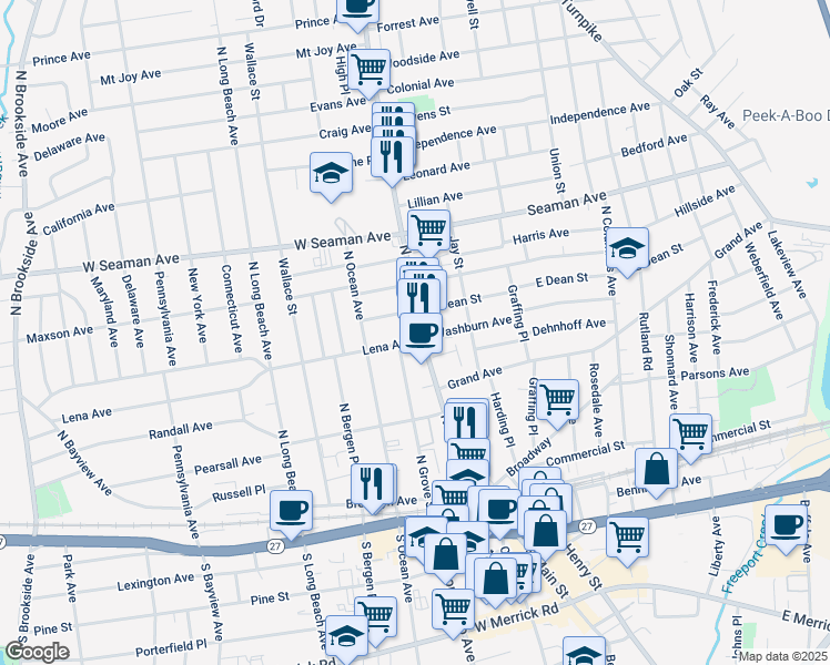 map of restaurants, bars, coffee shops, grocery stores, and more near 150 North Main Street in Freeport