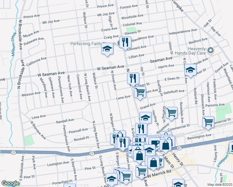 map of restaurants, bars, coffee shops, grocery stores, and more near 56 Lena Avenue in Freeport