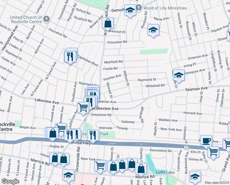 map of restaurants, bars, coffee shops, grocery stores, and more near 7 Combes Avenue in Rockville Centre