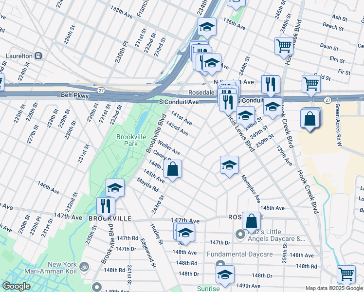 map of restaurants, bars, coffee shops, grocery stores, and more near 143-10 243rd Street in Queens