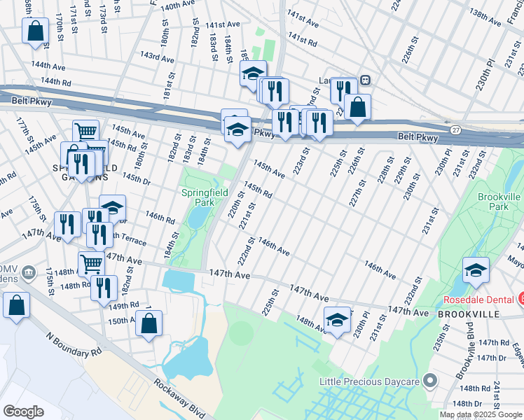 map of restaurants, bars, coffee shops, grocery stores, and more near 145-74 222nd Street in Queens