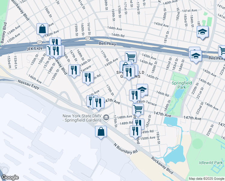 map of restaurants, bars, coffee shops, grocery stores, and more near 146-30 175th Street in Queens